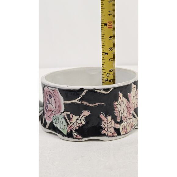 Vintage Toyo Powder Box Vintage Trinket Box Black Floral Cottage Core 4.5" - Picture 10 of 10